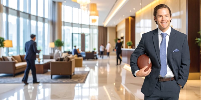 Business professional in a hotel or corporate lobby holding a football