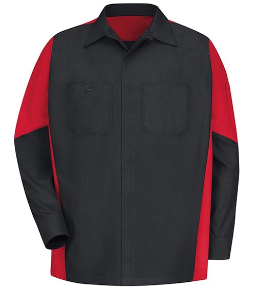 A red and black long sleeve Cintas auto dealership crew shirt.