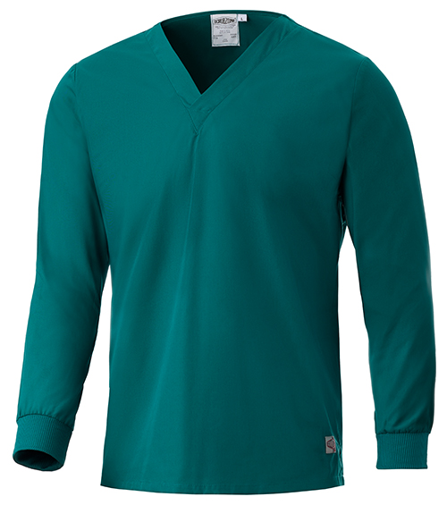 Green Cintas pocketless scrub top for healthcare.