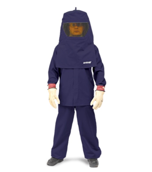 man wearing arc flash unit